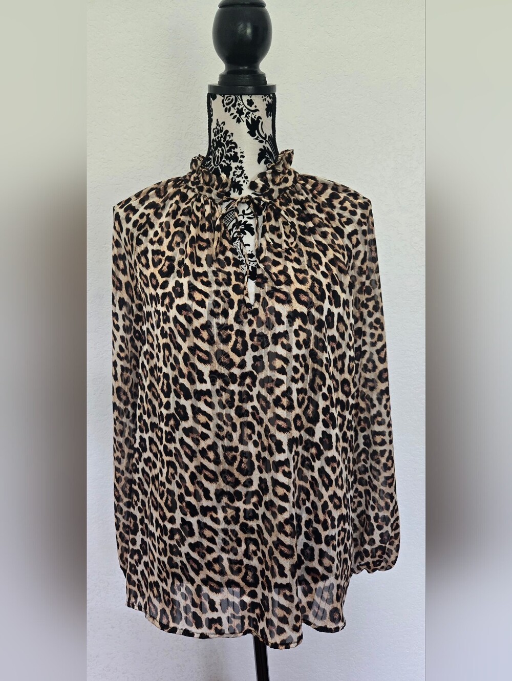 H&M Leopard Print Long Sleeve Tie-Neck Blouse in Beige, Black, Brown